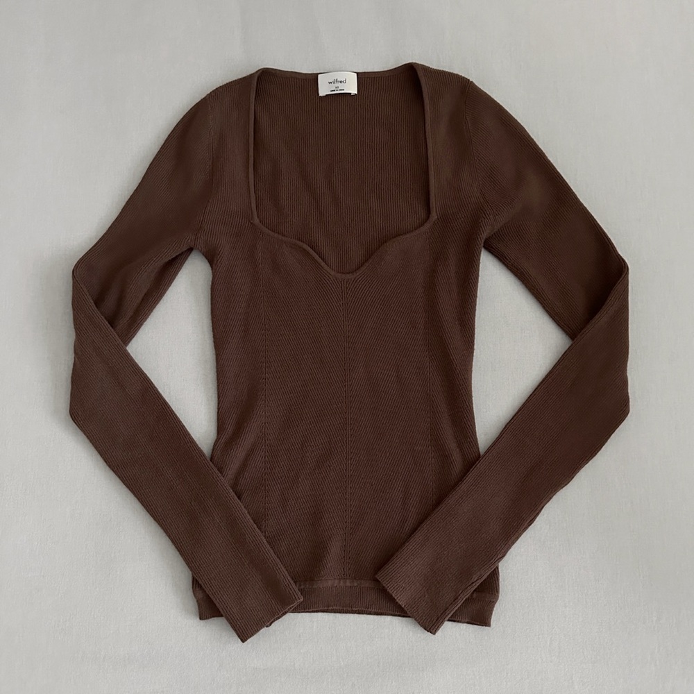 Aritzia Wilfred Tuscany Sweater Brown Sweetheart Neckline Longsleeve Top - XS